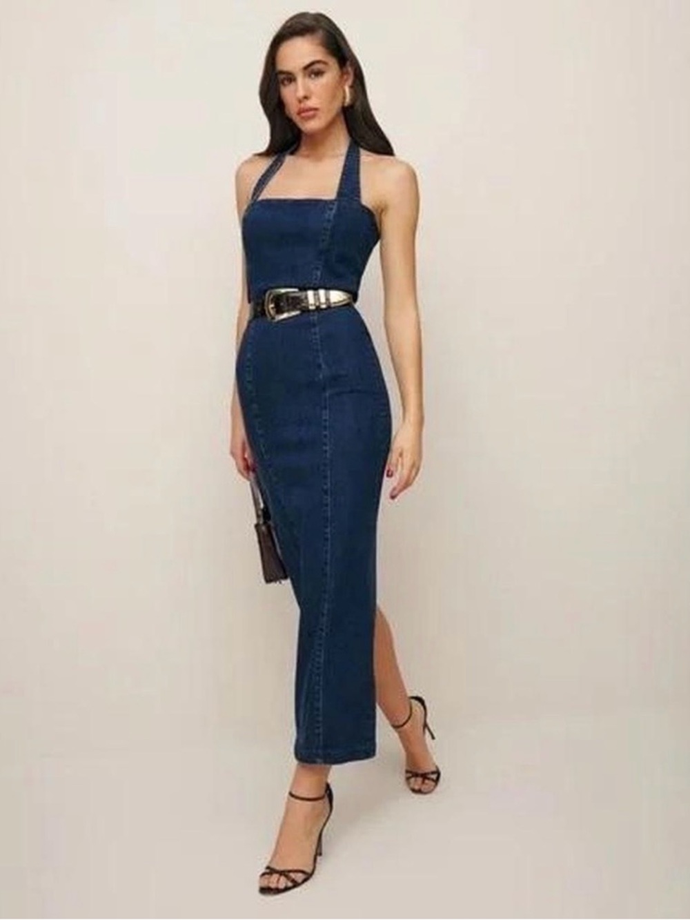 Reformation Navy Halter Denim Midi Dress